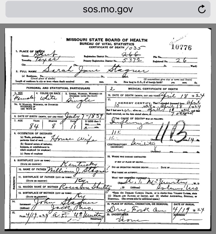 Sarah Jane Stagner Death Certificate